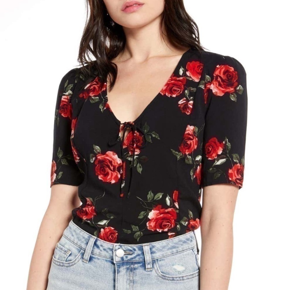 BP Floral Print Lace-Up Top